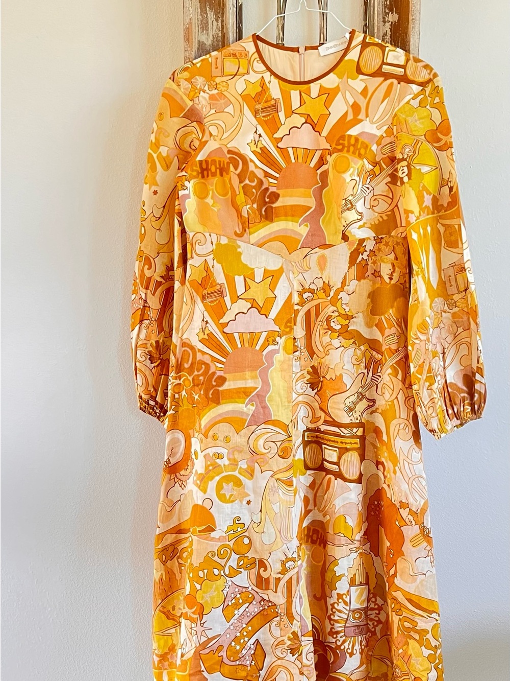 Zimmermann Orange Retro Graphic Long Sleeve Dress